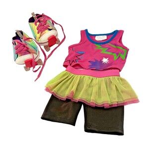 Build-A-Bear Workshop BAB Sparkle Roller Skates and 80s Outfit Girls Pink Green